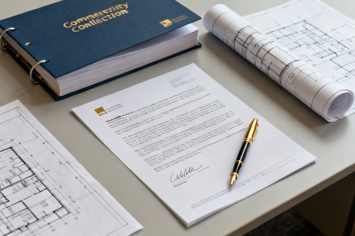 A commercial property completion pack open on a desk with a pen on the signature page