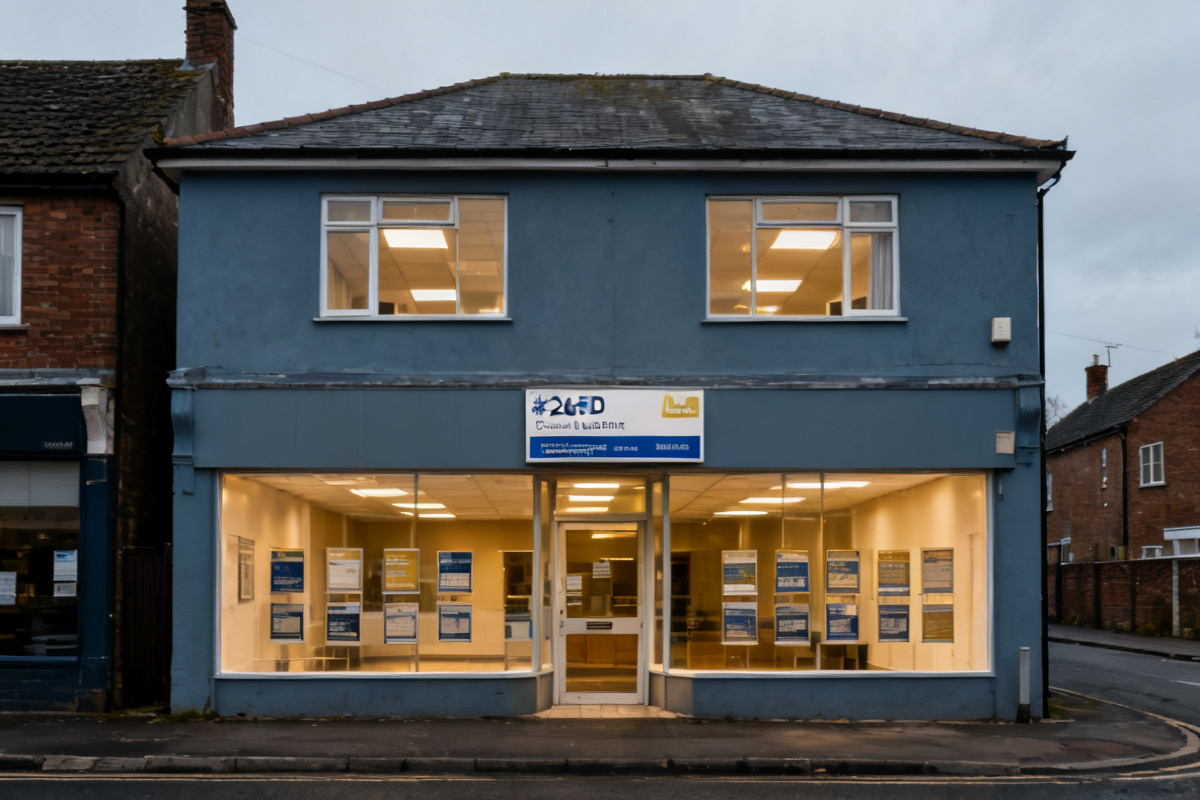 A high-street retail parade with a commercial letting board