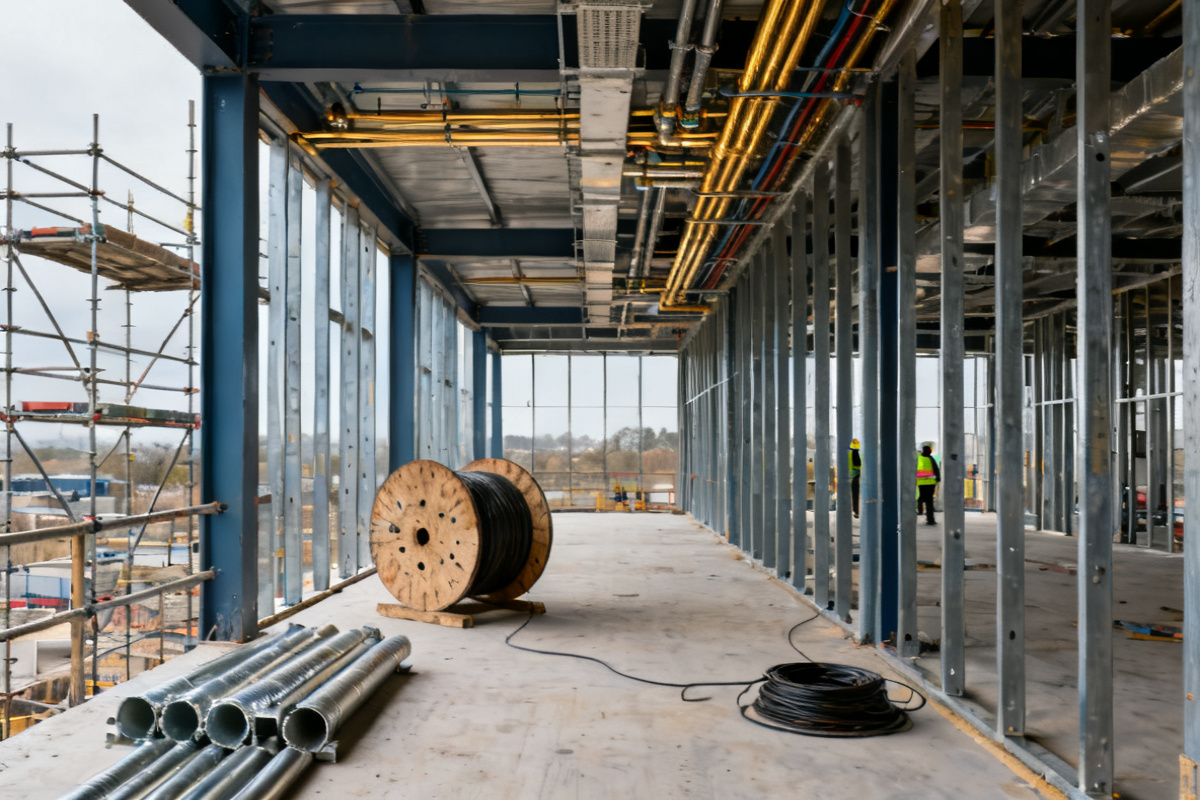 A commercial building mid-construction with services being installed